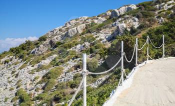 Coastal terrace with chain fence. Greek island Zakynthos in the Ionian Sea