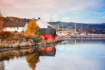 Kyrksaeterora village seaside, Norway. Rural Norwegian landscape at autumn day