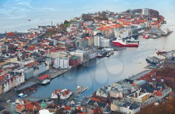 Bergen Havn cityscape in spring morning, Norway. Aerial view 
