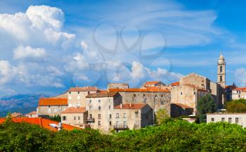 Sartene town in summer. Rurall andscape of South Corsica, France