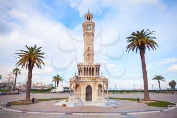 Konak Square. Street view with old clock tower. It was built in 1901 and accepted as the official symbol of Izmir City, Turkey