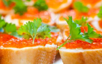 Russian appetizer background. Red caviar sandwiches, photo with shallow depth of field