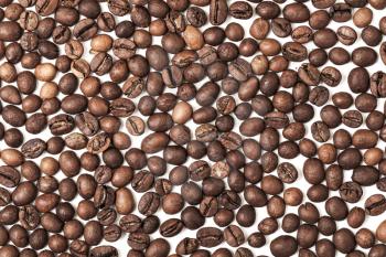 Dark roasted coffee beans pattern on white background