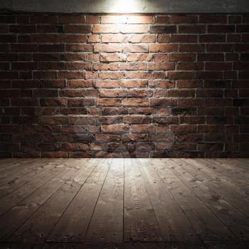 Abstract dark interior background with wooden floor and red brick wall with spot light illumination
