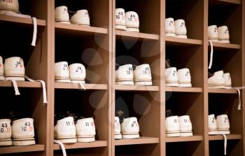 White bowling shoes on racks