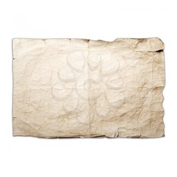 Sheet of old yellow crumpled paper isolated on white