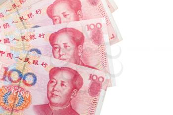 Chinese 100 yuan banknotes isolated on white