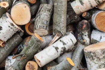 Big pile of firewood, fresh aspen and birch chocks lay outdoor