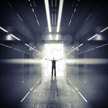 Abstract dark interior with lights, glowing door and man silhouette