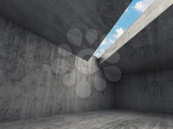 Empty dark room interior with concrete walls and blue sky in ceiling window. Abstract modern architecture background, 3d illustration