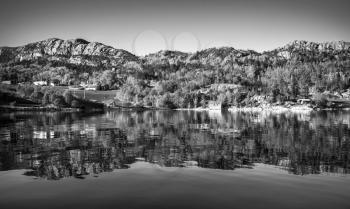 Black and white coastal Norwegian landscape. Snillfjord, Sor-Trondelag, Vingvagen fishing camp 