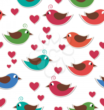 Seamless pattern with cute birds and hearts isolated on white background