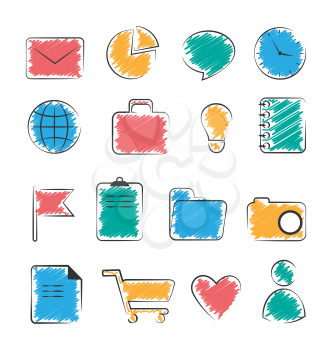 Set of business office flat hand-drawn icons isolated on white background
