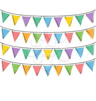 Multicolored bright hand-drawn buntings garlands isolated on white background