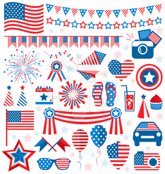 USA celebration flat national symbols set for independence day isolated on white background