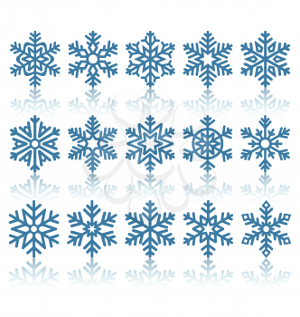 Black Flat Snowflakes Icons with Reflection Isolated on White Background