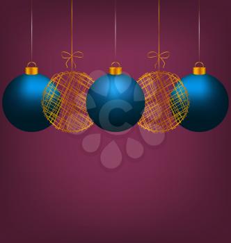 Tree blue and two golden netting Christmas balls on violet background