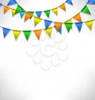 Multicolored bright buntings garlands on grayscale background
