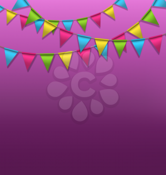 Multicolored bright buntings garlands on violet background