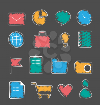 Set of business office flat hand-drawn icons isolated on gray background