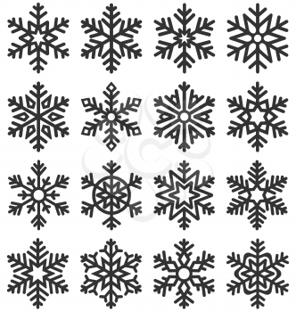 Black Flat Simple Traditional Classic Snowflakes Icons Isolated on White Background