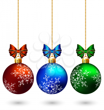 Three multicolored christmas balls with bows hang on the chain isolated on white background