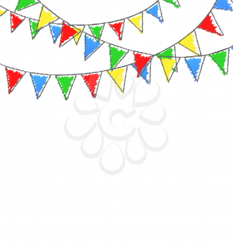 Multicolored bright hand-drawn buntings garlands isolated on white background