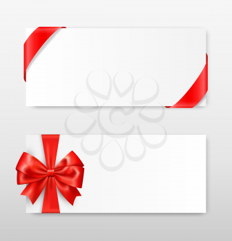 Celebration Paper Greet Cards with Red Festive Ribbons and Bow on Grayscale Background