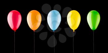 Five colorful balloons in a row isolated on black