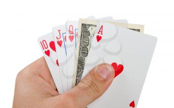 Royal flush with $100 in hand. Isolated on white