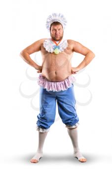 Man weared as baby full body studio shot