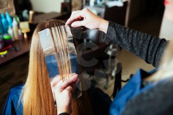 Professional woman hairdresser uses foil for highlighting at beauty salon.