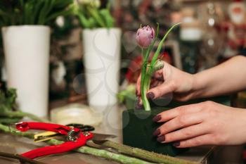 Female florist working with flowers in workshop. Decorative bouquet hand made creation.