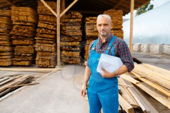 Carpenter in uniform check boards on sawmill, lumber industry, carpentry. Wood processing on factory, forest sawing in lumberyard, warehouse outdoor