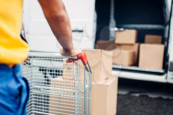 Male courier in uniform works with cargo, back view. Truck with parcels on background. Distribution business. Cargo delivery. Empty, clear container