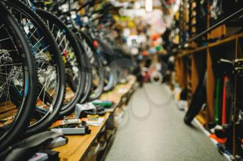 Bicycle shop, rows of new bikes. Equipment and accessories for cycles. Sport store