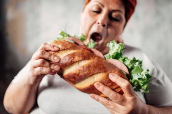 Fat woman eats sandwich, overweight and bulimic. Unhealthy lifestyle. Obesity