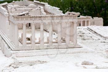 Ruins of ancient temple, miniature scene outdoor, europe. Mini figures with high detaling of objects, realistically diorama, toy model