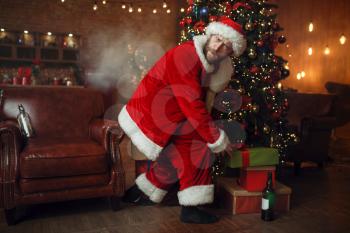 Bad drunk Santa claus steals gifts under christmas tree, nasty party, humor. Unhealthy lifestyle, bearded man in holiday costume, new year and alcoholism