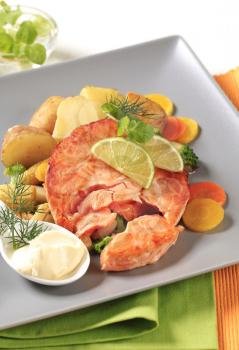 Pan fried salmon with potatoes and mixed vegetables