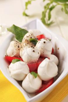 Bowl of mozzarella cheese, tomato and basil