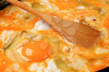 Detail of fresh eggs in a frying pan 