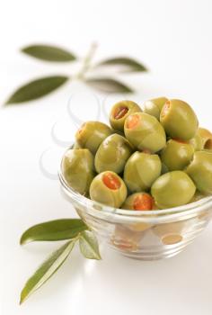 Bowl of green olives stuffed with pimento 