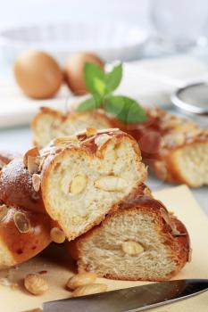 Slices of sweet bread and blanched almonds