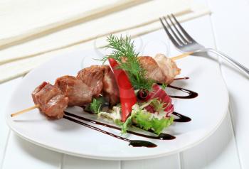 Pork skewer garnished with fresh salad and drizzle sauce