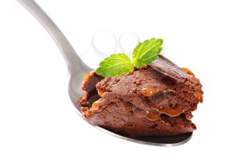Chocolate fudge brownie ice cream on spoon