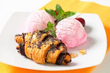 Chocolate chip crescent rolls with two scoops of ice cream