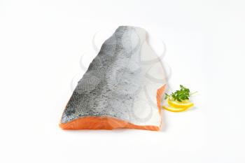 raw salmon fillet with skin on white background