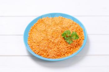 plate of split red lentils on white wooden background