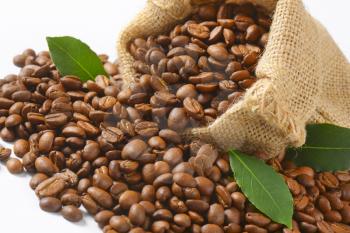 burlap sack full of coffee beans - close up